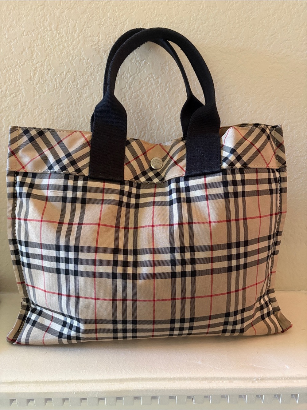 Burberry Classic Plaid Tote Bag with Black Handles